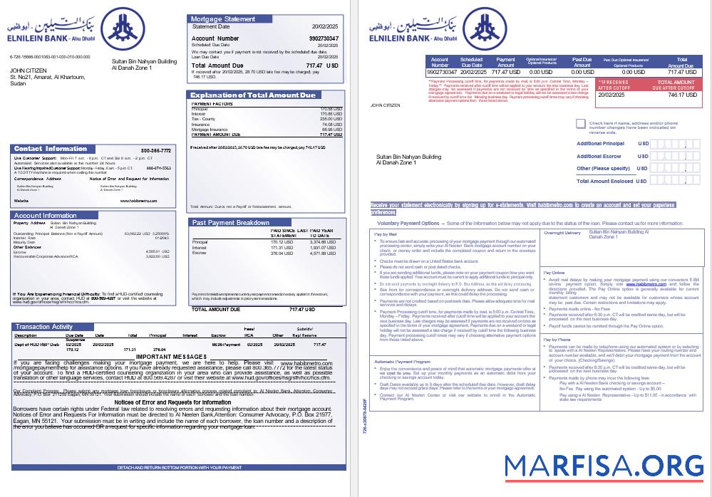 Printable Sudanese Al Neelen Bank mortgage statement in Word and PDF formats, 3 pages 1 2 sample